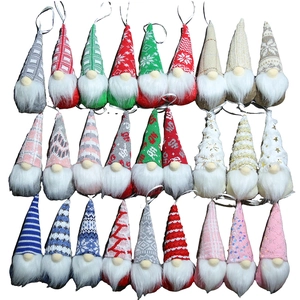 Set of 24 colorful knitted Christmas gnome ornaments with long white beards and hanging strings