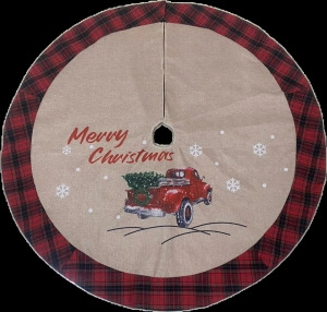 Classic Christmas tree skirt with buffalo plaid border and vintage red truck pattern