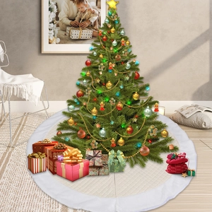 White quilted Christmas tree skirt with plush faux fur trim for festive home holiday decor
