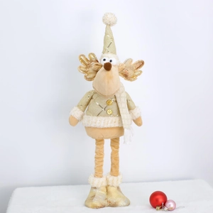 Close-up of champagne reindeer doll with golden sequins and telescopic legs decor