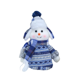 Blue knitted snowman plush toy with trapper hat and scarf for Christmas decoration