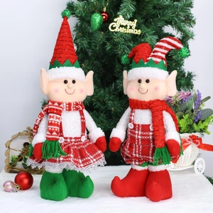 Standing Christmas plush elf dolls with retractable legs in red and green festive outfit