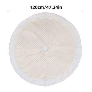 Detail of 120cm cream quilted Christmas tree skirt with plush border and radial slit