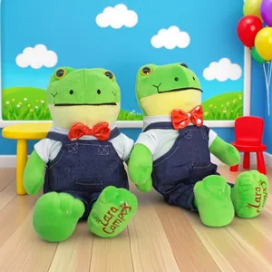 Cute Anthropomorphic Green Frog Plush Toy With White T-Shirt Blue Denim Overalls Red Bow Tie Soft Stuffed Animal Doll Gift