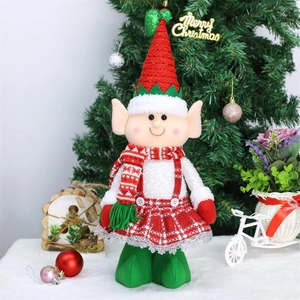 Detailed view of plush Christmas elf figurine with red checkered skirt and festive hat