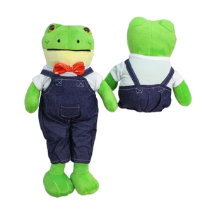 Front and back view of a plush long-legged frog in white t-shirt and blue overalls