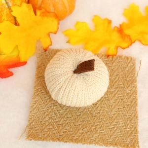 Close-up of a white knitted pumpkin decoration with textured yarn and brown stem