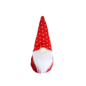 Christmas gnome plush hanging ornament with red knitted hat and white beard on white background