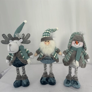 Detailed view of plush reindeer, gnome, and snowman figures with telescopic legs