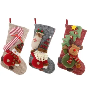 Large Knitted Christmas Stockings With 3D Santa Snowman Reindeer Plush Applique Holiday Party Home Hanging Gift Bag Decor