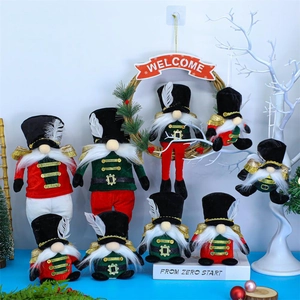 Detailed plush Christmas gnomes featuring nutcracker soldier designs and festive elements