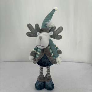Retractable Christmas reindeer plush doll with blue knit sweater and long spring legs