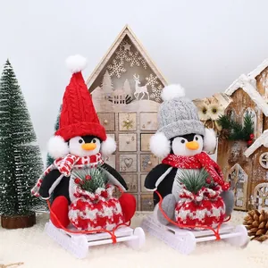 Christmas Penguin Plush Doll Sled Ornament With Knit Hat Scarf Holiday Tabletop Home Decoration Gift For Winter Party