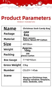 Detailed chart showing 49x29cm Christmas stocking size, wool blend material and features