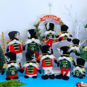Detail of Christmas nutcracker gnomes with festive soldier uniforms and plush textures