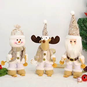 Nordic Christmas Skiing Plush Dolls Champagne Gold Sequin Santa Snowman Reindeer Tabletop Ornament Winter Holiday Decor