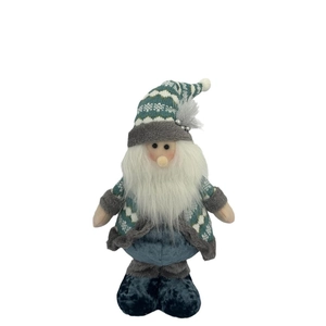 Blue Nordic Christmas gnome plush with knitted pointed hat and long white beard on white background