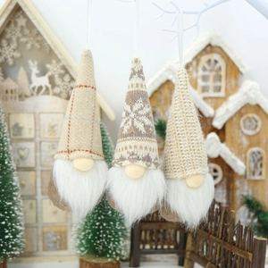 Three Nordic Christmas gnomes with pointed hats and white faux fur beards hanging set