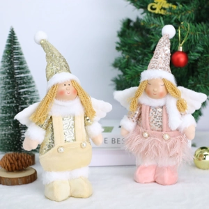 Plush Christmas angel doll decorations in champagne gold and pink with sequin hat