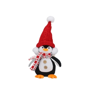 Christmas penguin gnome plush with red knit hat and checkered scarf on white background
