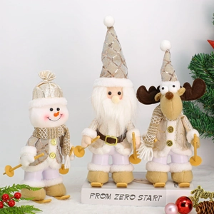 Detailed view of skiing Christmas dolls set featuring Santa, snowman and reindeer on skis