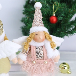 Pink plush Christmas angel doll with sequin hat and wings for festive home decoration