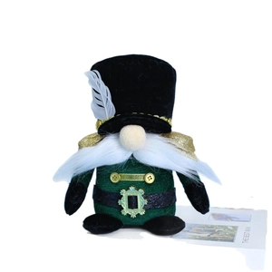 Green plush Christmas gnome decoration with black top hat and white faux fur beard