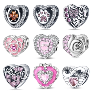 Romantic Heart Rose Charm Bead Silver Plated Copper Enamel Zirconia DIY Jewelry Accessories For Women Bracelet Necklace