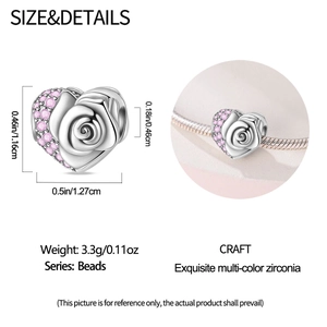 Detail view of heart-shaped rose charm with pink zircon for DIY bracelets 1.27x1.16cm