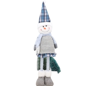 Ausziehbare Weihnachts-Schneemann-Puppe mit blauem Karo-Hut und gestreiften Beinen Deko