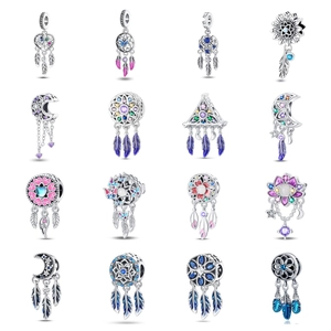 Silver Plated Dreamcatcher Charms For Bracelets Moon Star Feather Enamel Rhinestone Pendants DIY Jewelry Accessories For Women