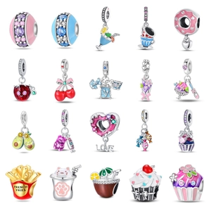 925 Sterling Silver Enamel Dessert Fruit Charms Rhinestone Cupcake Ice Cream Cherry Avocado Bear Pendants For DIY Bracelet Making Women Jewelry Accessories