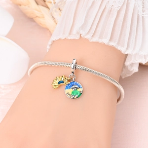 Artistic gold sunflower and Van Gogh style enamel bead charm bracelet with silver chain
