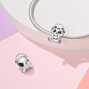 Katten muziek bedeltje van 925 zilver met roze emaille en headset voor armbanden