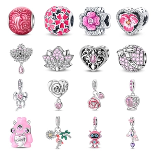 Cute Pink Series Rose Cherry Blossom Crown Charms Beads Silver Plated Zirconia DIY Jewelry Bracelet Accessories Women Jewelry