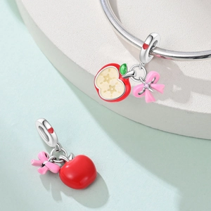 S925 Silber Apfel Anhänger mit rosa Schleife und roter Emaille für Pandora Armbänder
