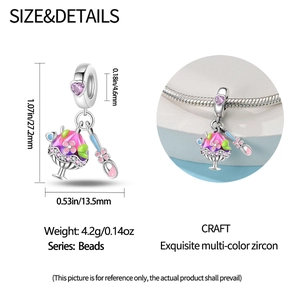 Detailed view of silver ice cream sundae charm with purple enamel and size measurements