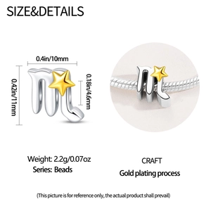 Detailed specs of Scorpio zodiac charm with silver finish and gold star accent