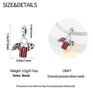 Soccer charm set with jersey and shoe detail showing dimensions and bracelet fit
