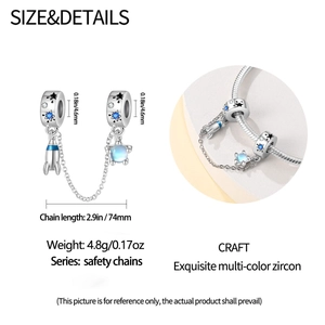 S925 silver space rocket safety chain charm with blue zircon stars for DIY bracelets