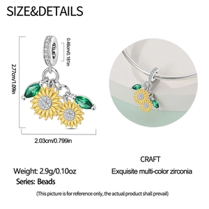 Detailed size specifications for the yellow sunflower charm with green zirconia leaves