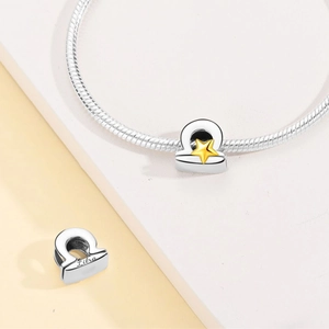 Libra zodiac charm bead in silver with gold star for DIY bracelets and necklaces