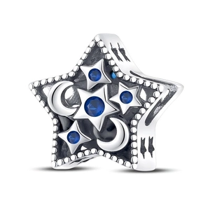 Detailed pentagram charm with crescent moon and blue gemstones in silver finish