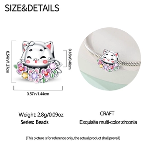 Charm chat avec fleurs en zircone colorée et trou de 0,46cm pour bracelets DIY