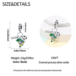 Size and detail view of Brazil flag soccer charm in S925 silver for DIY charm bracelets