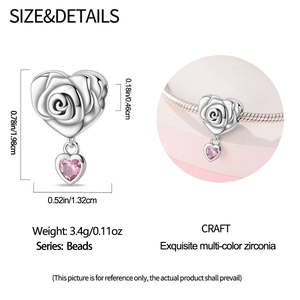 Detail showing dimensions of heart-shaped rose bead with pink cubic zirconia
