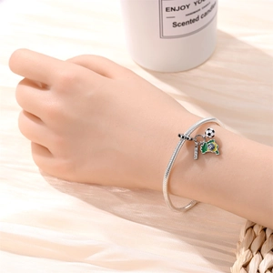Silver snake chain bracelet featuring football and Brazil map charms for DIY jewelry