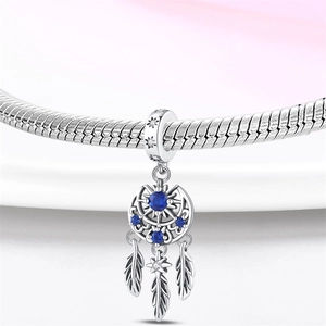 925 silver dreamcatcher charm with blue zircon stones and feathers for DIY bracelets