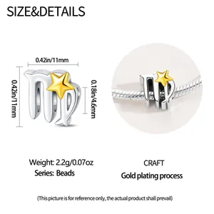 Specifiche dimensionali per charm zodiacale Vergine con dettaglio stella placcata oro