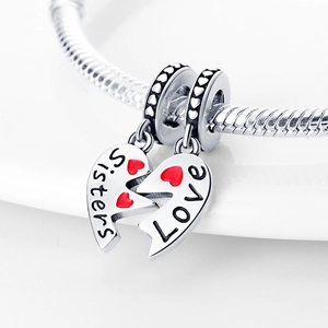 Silber-Herzanhänger-Set mit Sisters und Love Gravur an Schlangen-Gliederkette